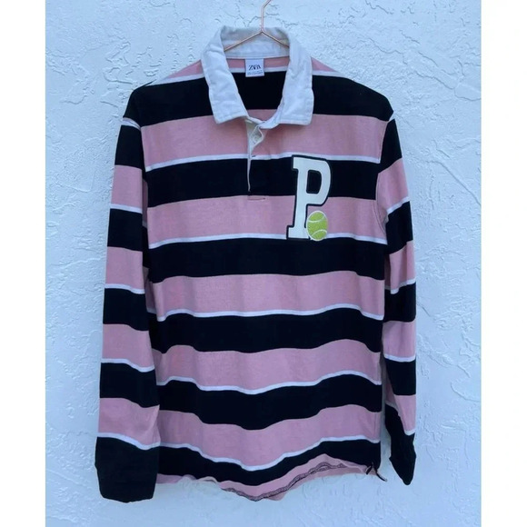 Zara Womens Pullover Long Sleeve Collared Striped Sweatshirt Black Pink Sz L - Picture 1 of 11